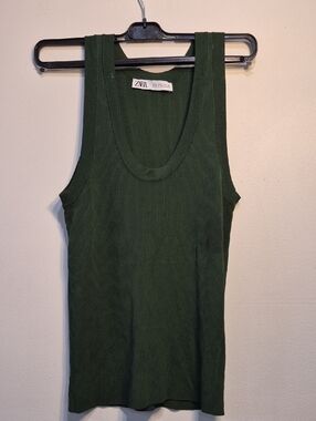 Zara Dark Green Ribbed Tank Top - Sleeveless Knit